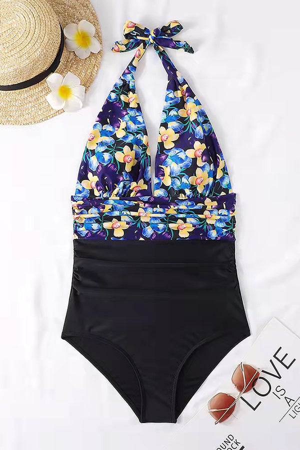 Deep V Open Back Leaf Print One-piece Swimsuit - Fashionpara