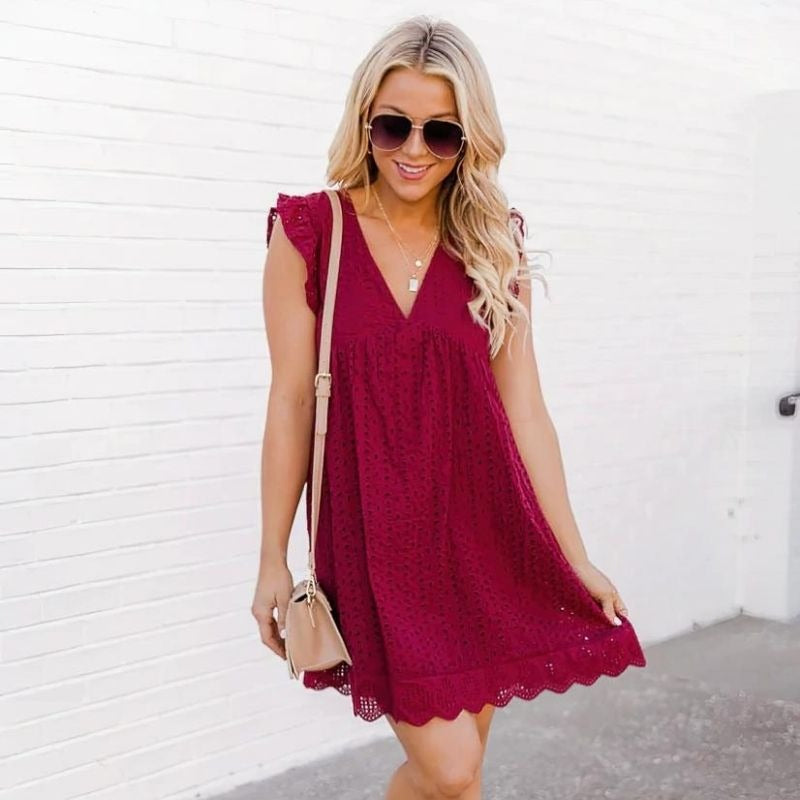 Eyelet Embroidery Deep V-Neck Flutter Sleeve Empire Waist Dress - View 5