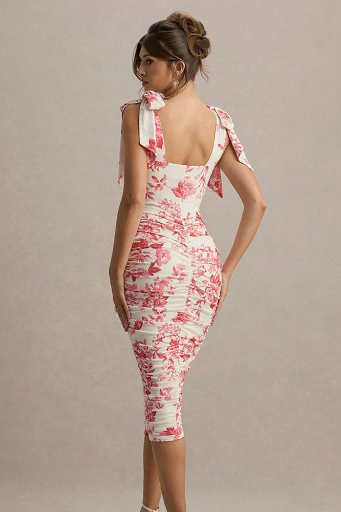 Floral Print Square Neck Tie Strap Ruched Bodycon Midi Dress