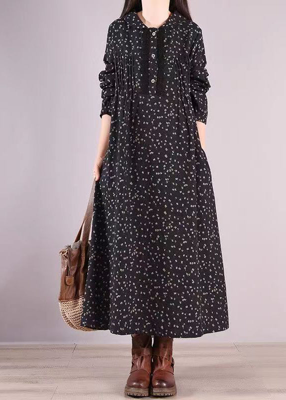 Floral Print Peter Pan Collar Lace Trim Button Front Maxi Dress