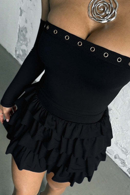 Vintage Long Sleeve Off Shoulder Mini Dress