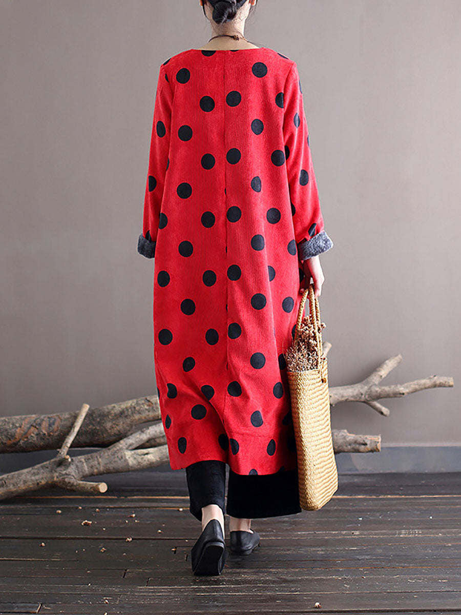 Polka Dot Corduroy Crew Neck Long Sleeve Oversized Midi Dress - View 6
