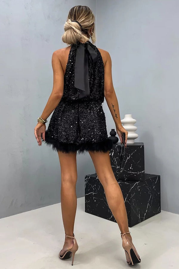 Sequin Halter Neck Feather Trim Tiered Mini Dress - View 2