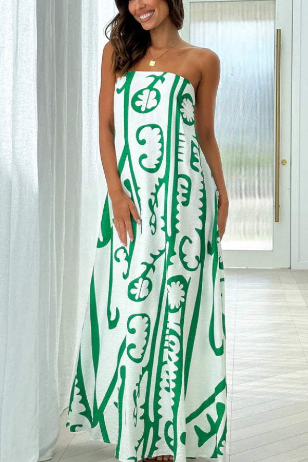 Abstract Print Strapless A-Line Maxi Summer Dress