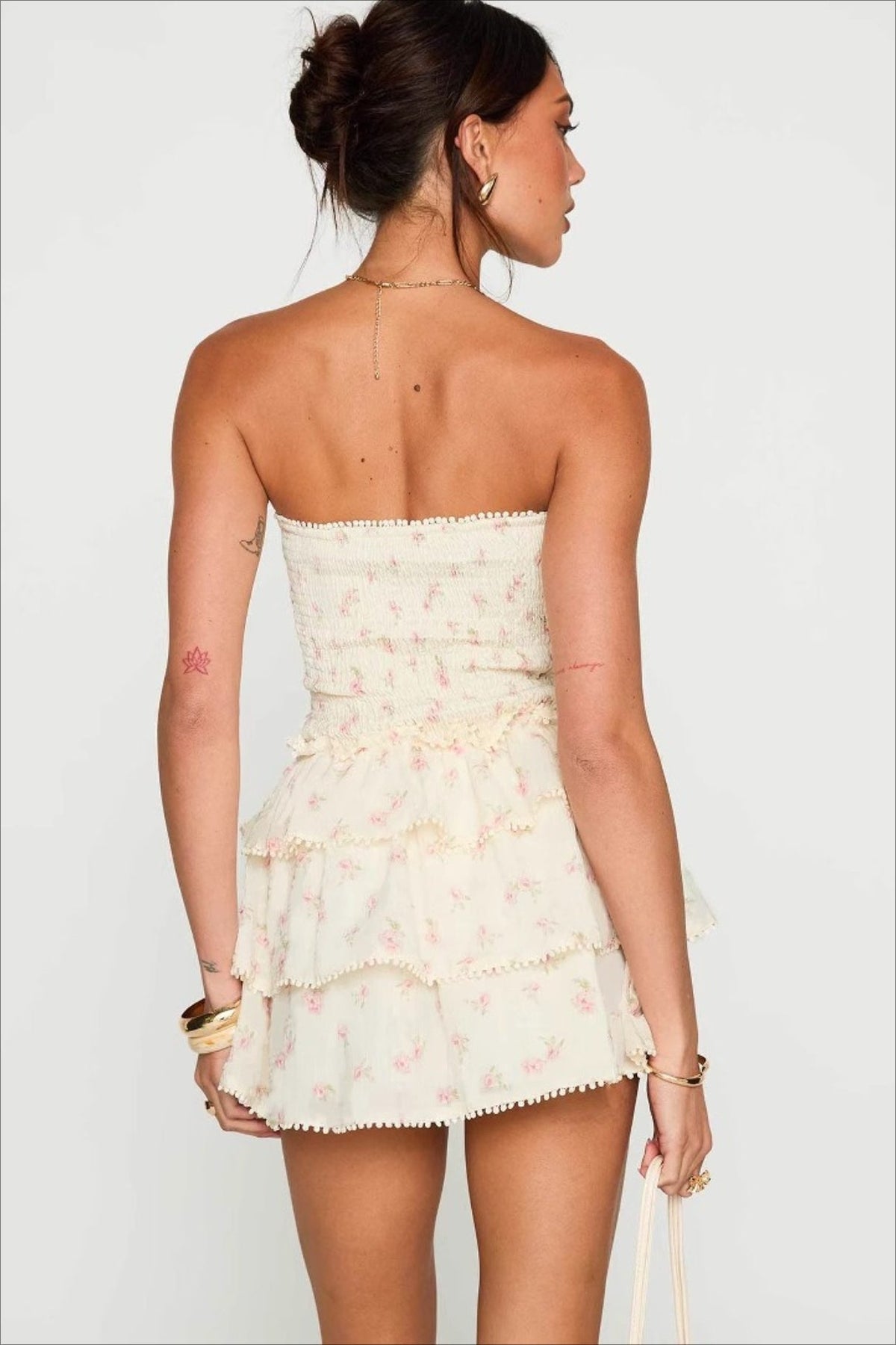 Floral Strapless Shirred Tiered Ruffle Mini Dress
