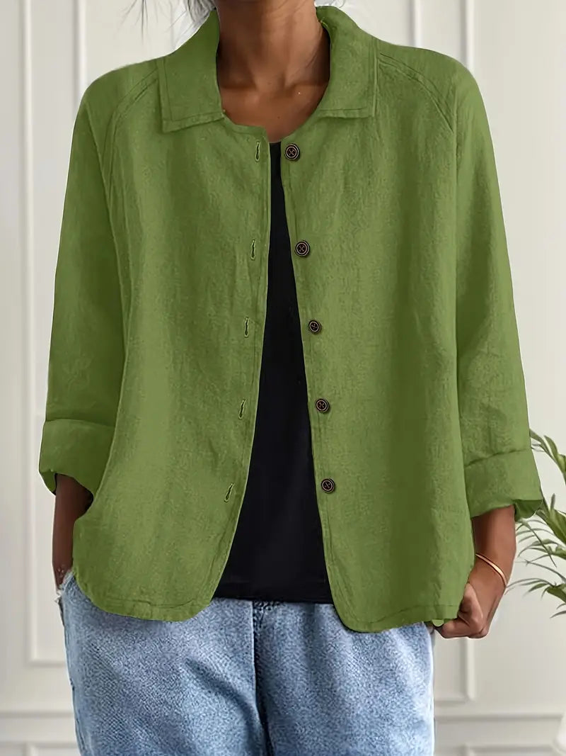 Collared Long Sleeve Button Front Linen Look Shirt 11