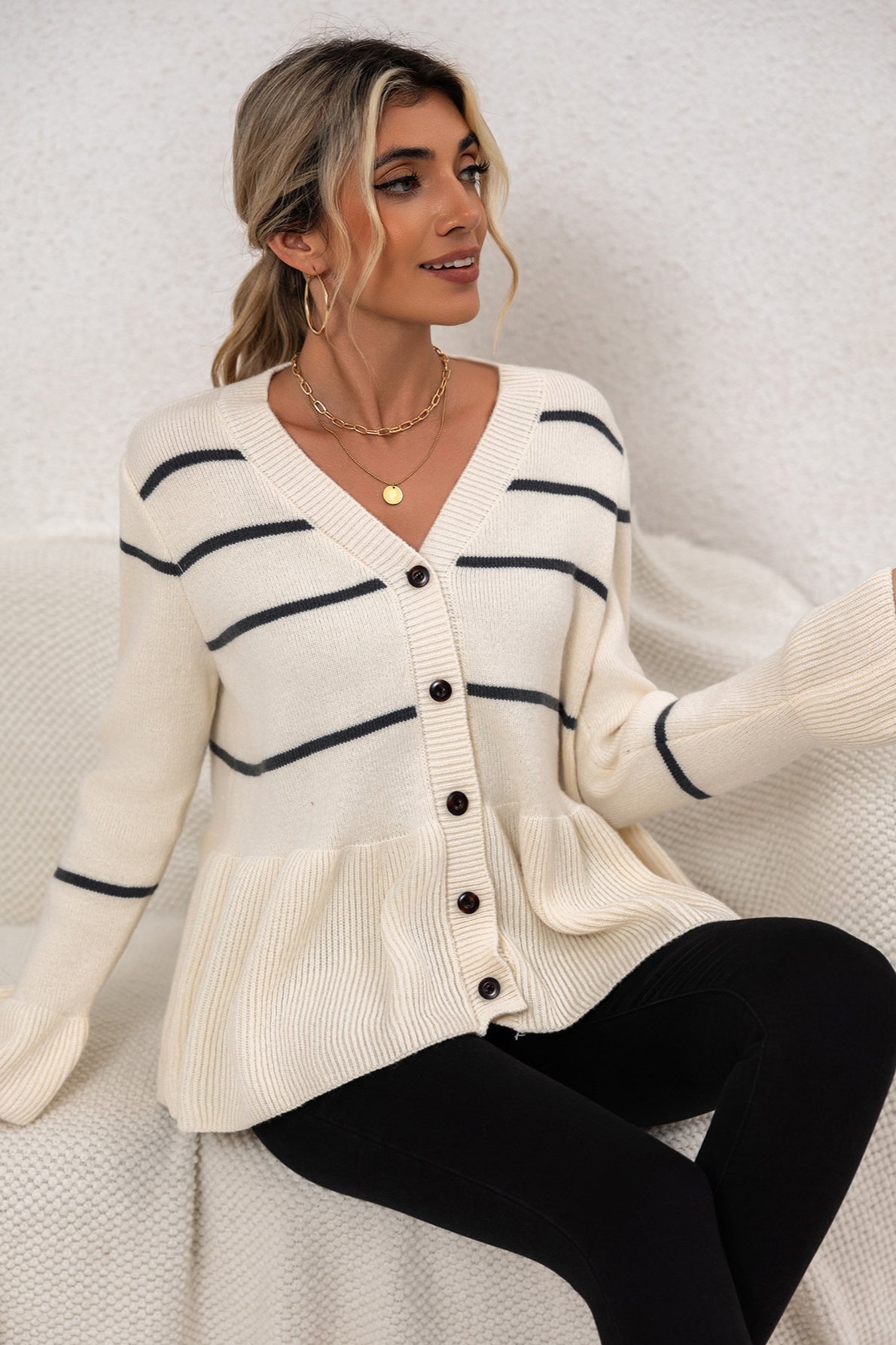 V-Neck Striped Knit Cardigan for Effortless Style and Comfort