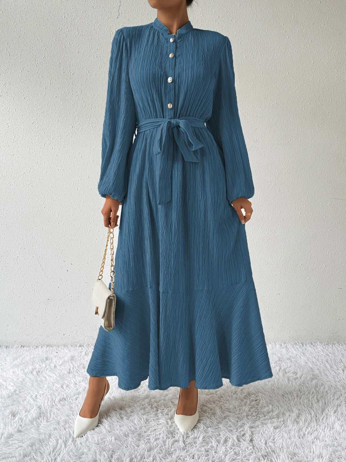 Plisse Mandarin Collar Button Front Bishop Sleeve Tie Waist Tiered Maxi Dress - View 3