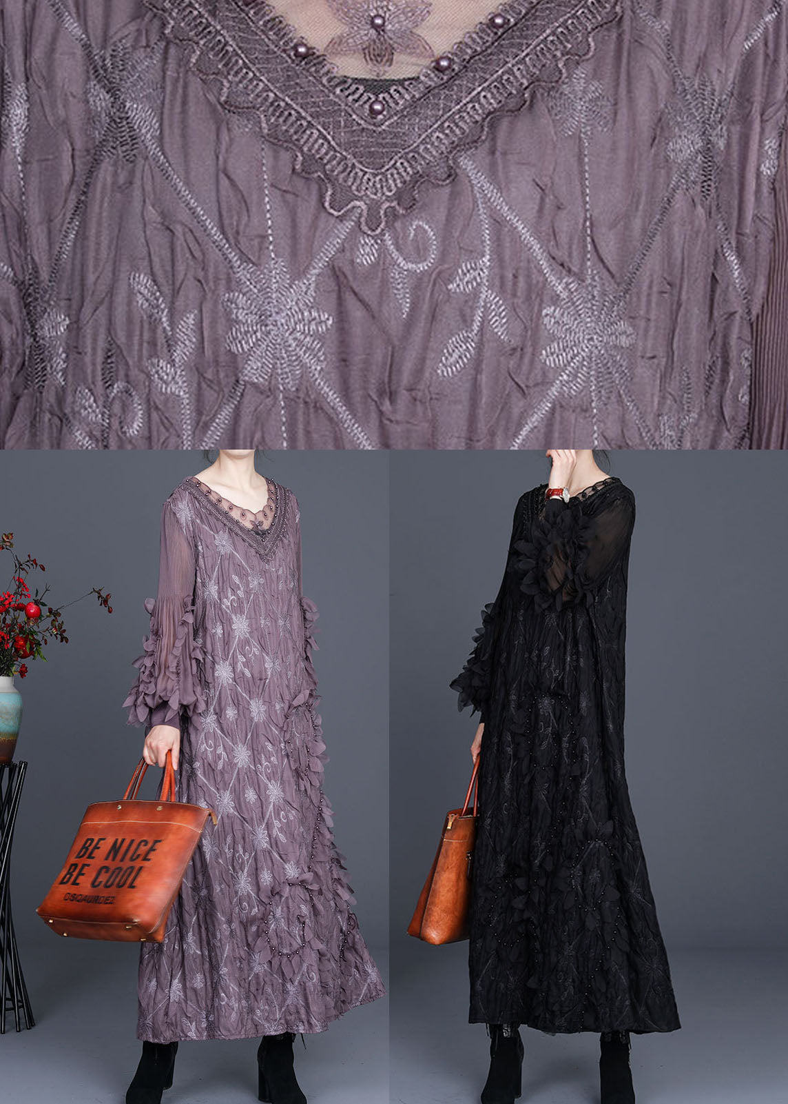 Embroidered Lace Trim V-Neck Leaf Appliqué Long Sleeve Maxi Dress - View 5