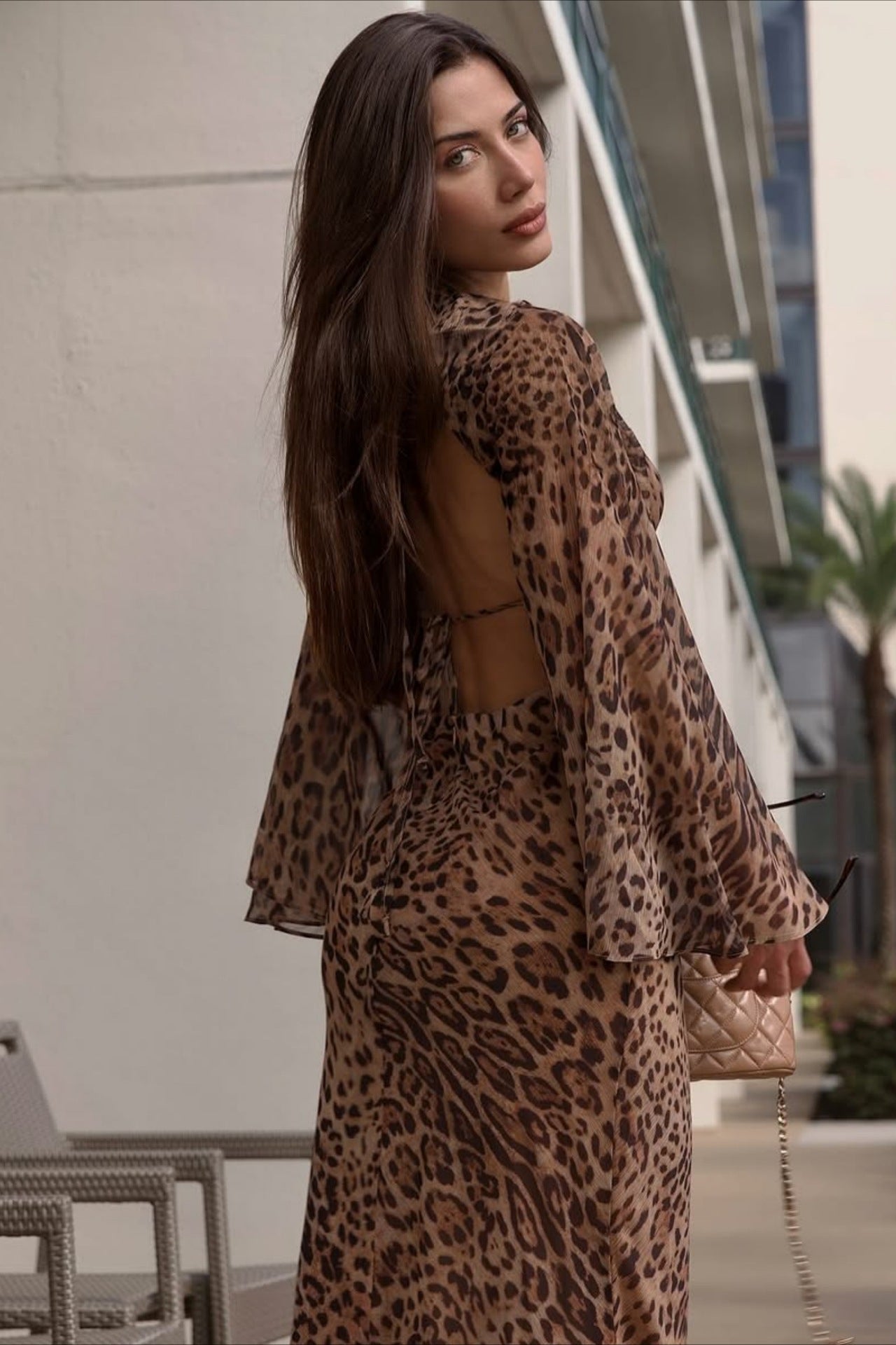 Deep V Leopard Tie Waist Bodycon Maxi Dress