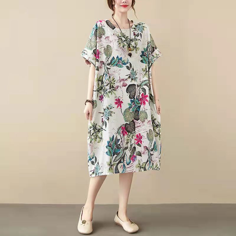 Floral Print Oversized Short Sleeve Shift Midi Dress