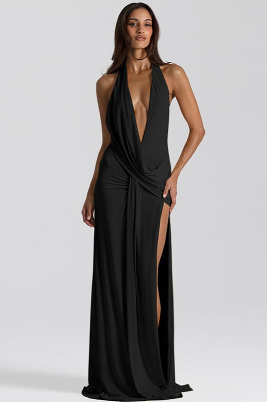 Deep V-Neck Halter Draped Twist High Split Maxi Gown 8