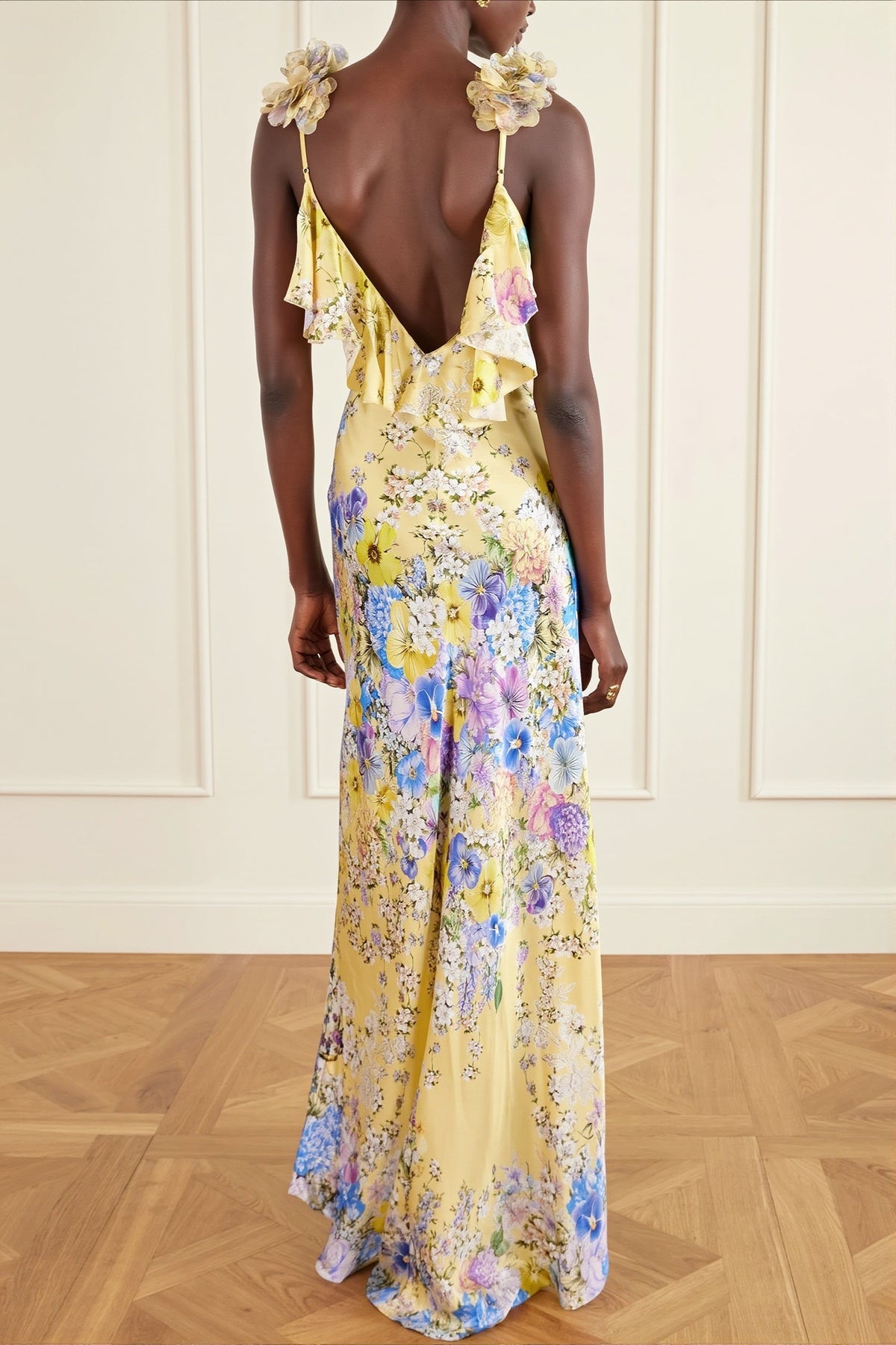 Floral V-Neck Flower-Strap Satin Slip Maxi Dress 2