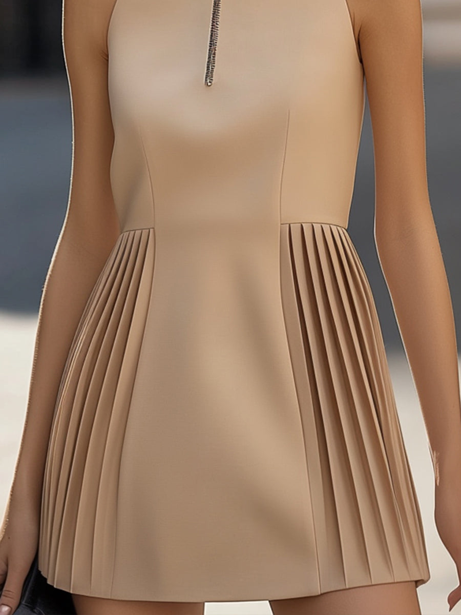 Chic Sleeveless Pleated Mini Dress With Zip Neck