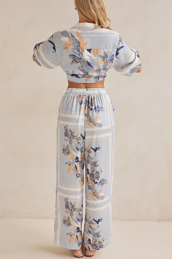 Fashionable Plant Print Loose Lapel Short Sleeve Shirt and Casual Elastic Waist Pocket Pants Set - Fashionpara