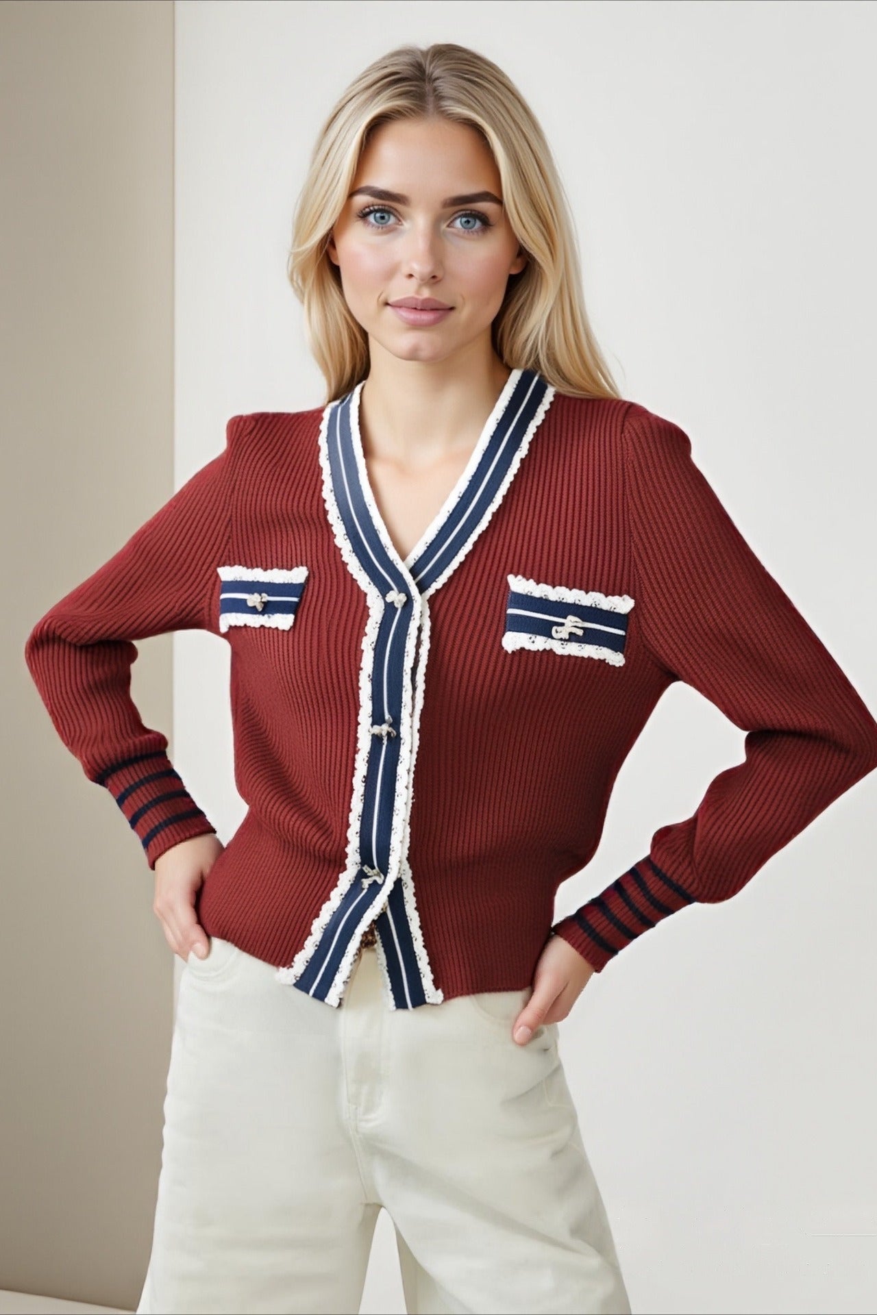 Colorblock Lace Trim V-Neck Knit Cardigan for Stylish Comfort