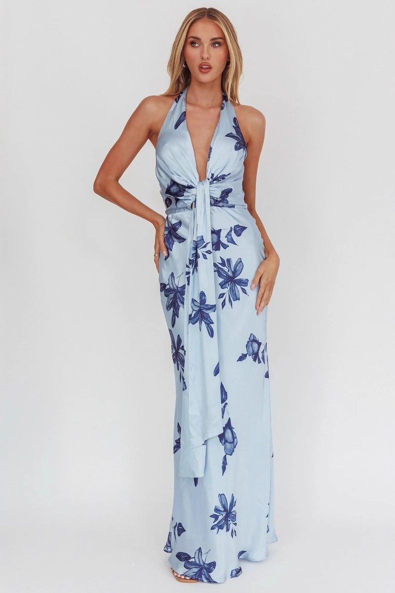 Floral Halter Neck Deep V-Neck Tie Front Maxi Dress