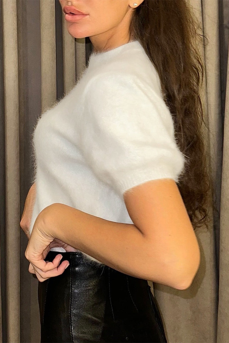 Fuzzy Short Sleeve Crew Knit Sweater