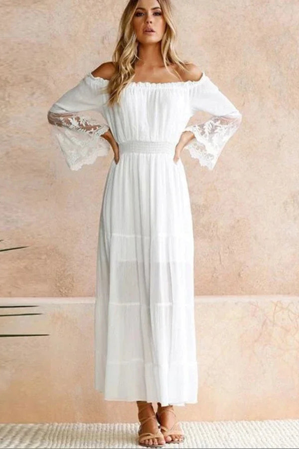 Lace Off Shoulder Long Sleeve Tiered Maxi Dress 11