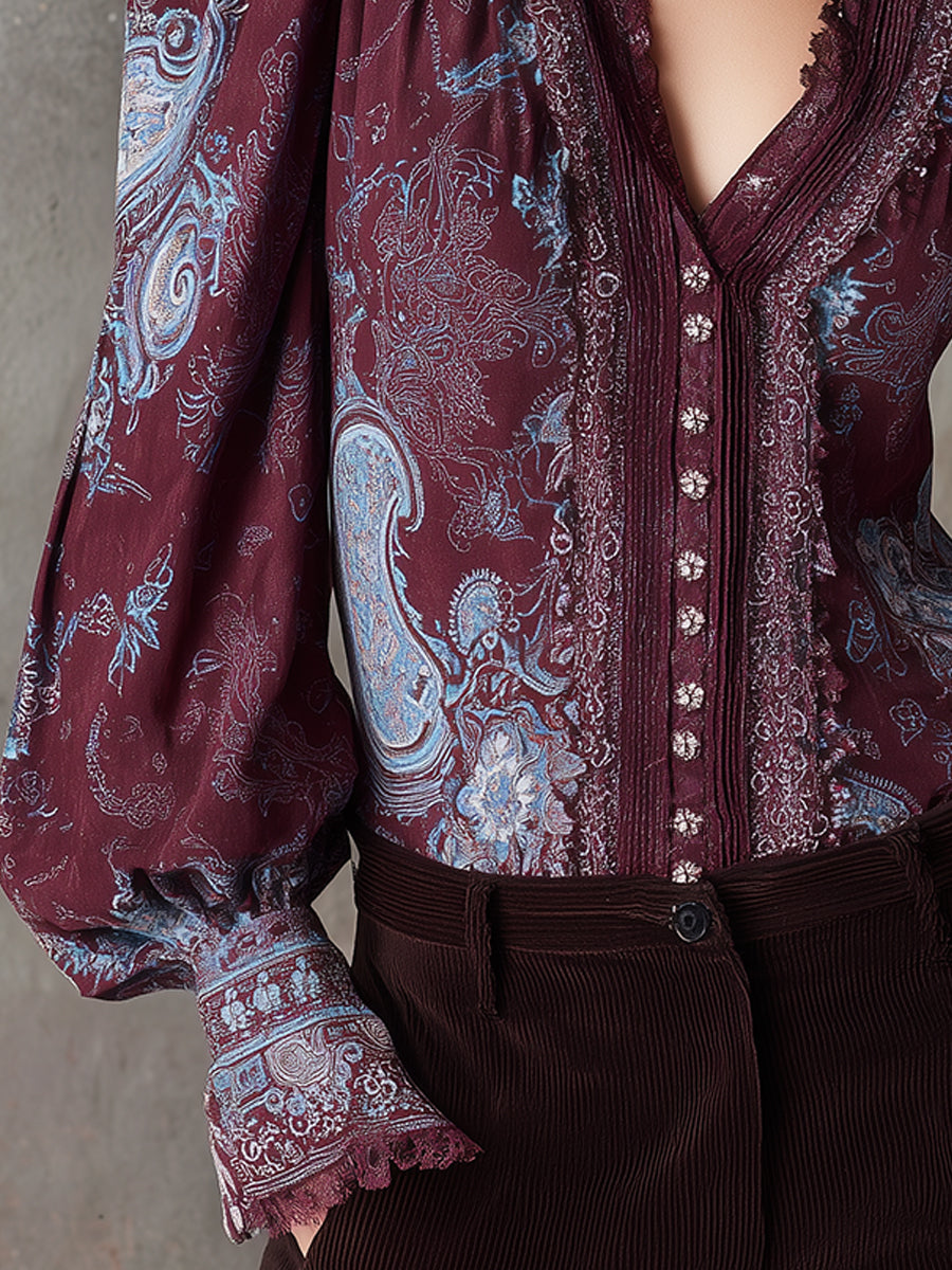Bohemian Paisley Pattern Lace Puff Sleeves Mixed Cotton Blouse