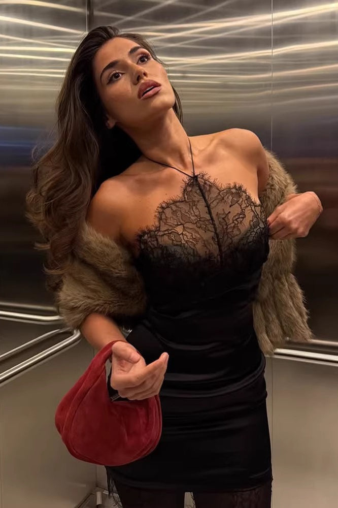 Lace Trim Strapless Ruched Bodycon Mini Dress
