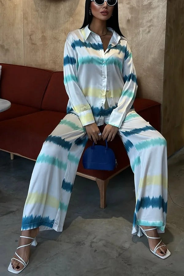 Lizbeth Satin Tie Dye Print Long Sleeve Shirt and Elastic Waist Pocketed Pants Set - Fashionpara