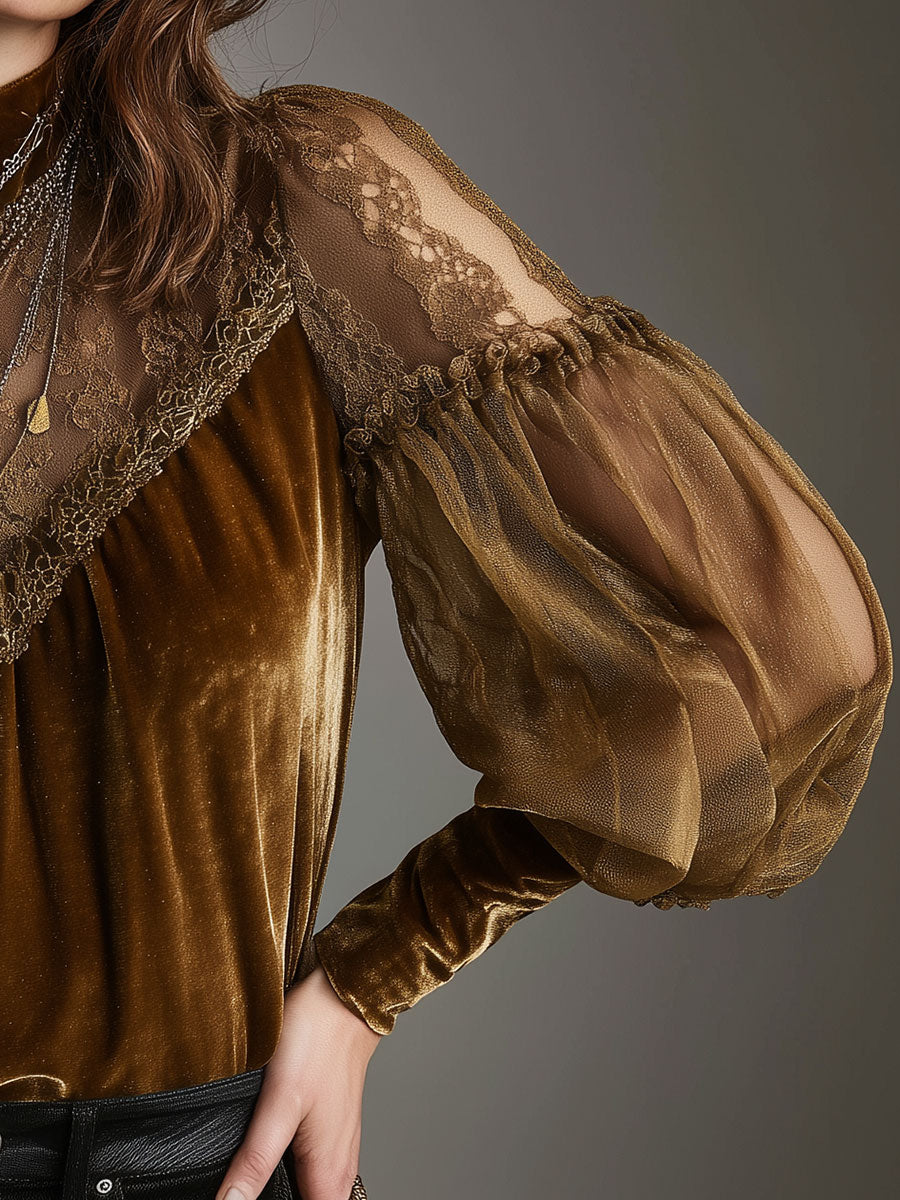 Retro Gold Velvet Lace Patchwork Balloon Sleeve Blouse - Fashionpara