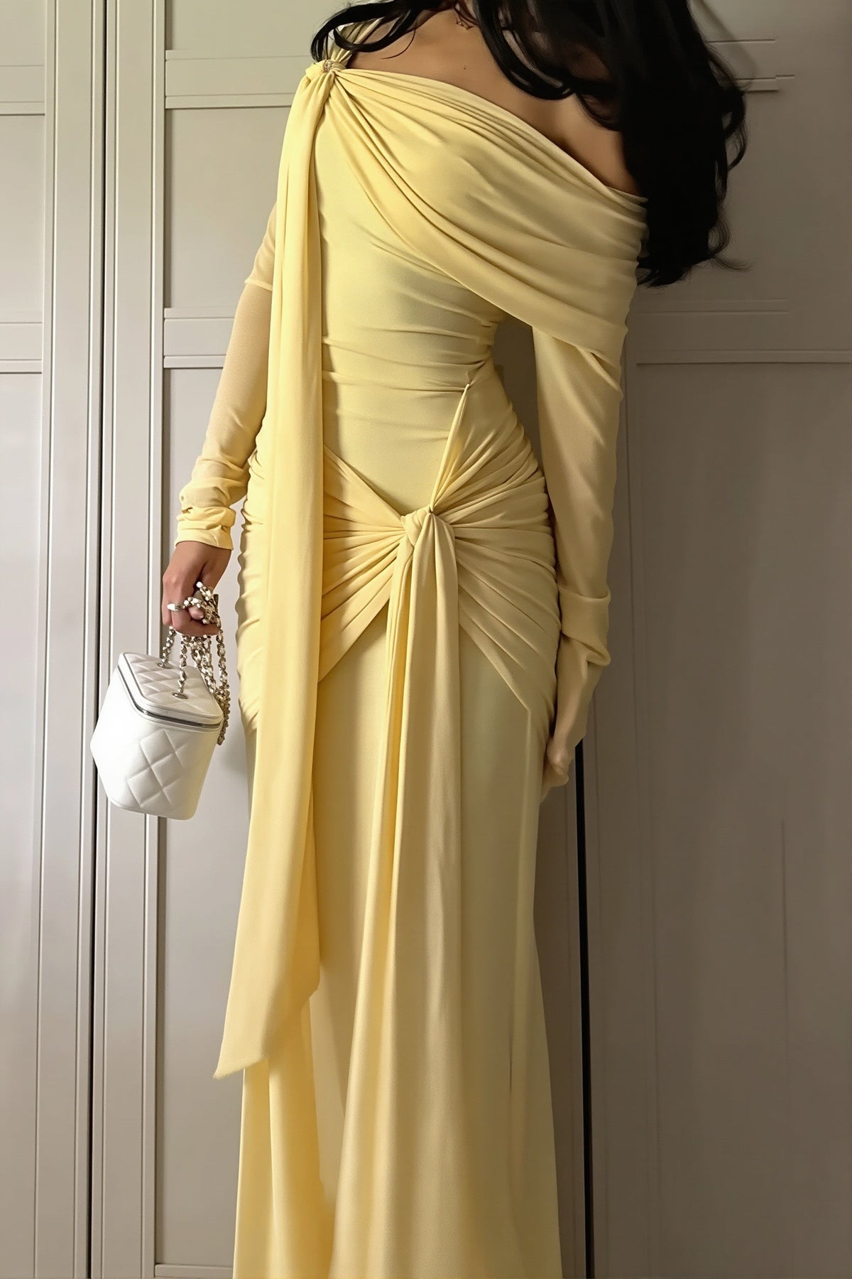 Draped Off Shoulder Long Sleeve Twist Front Maxi Gown