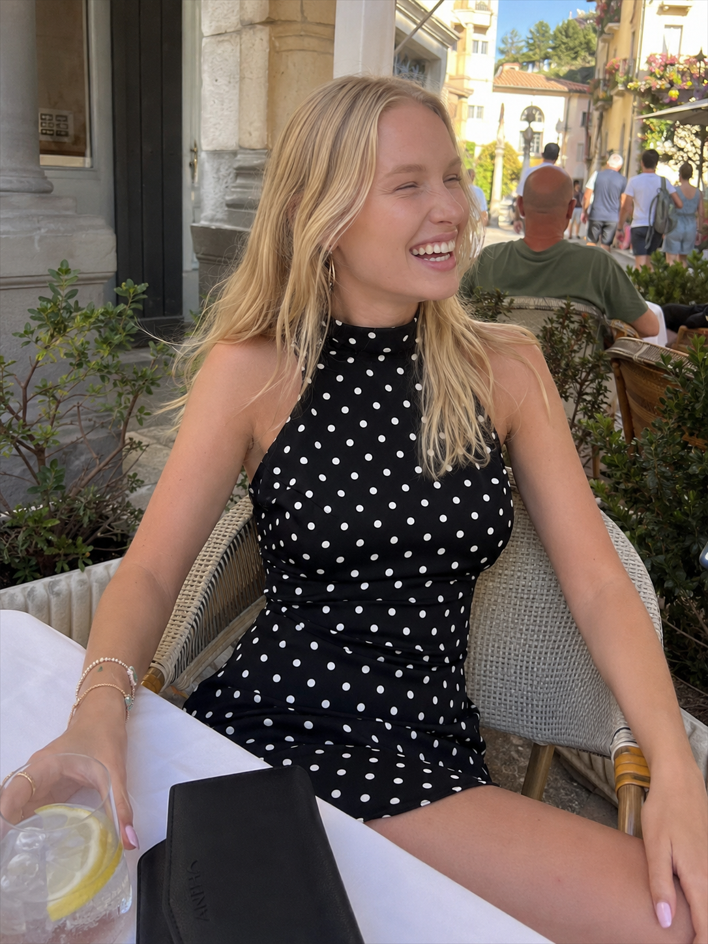 Polka Dot Halter Neck Backless Flared Mini Dress