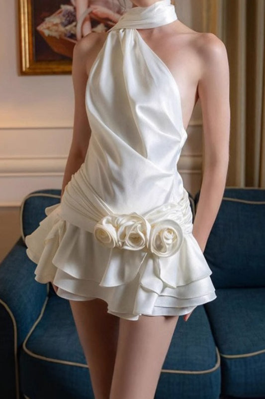 Satin Halter Neck Backless Rosette Tiered Ruffle Mini Dress