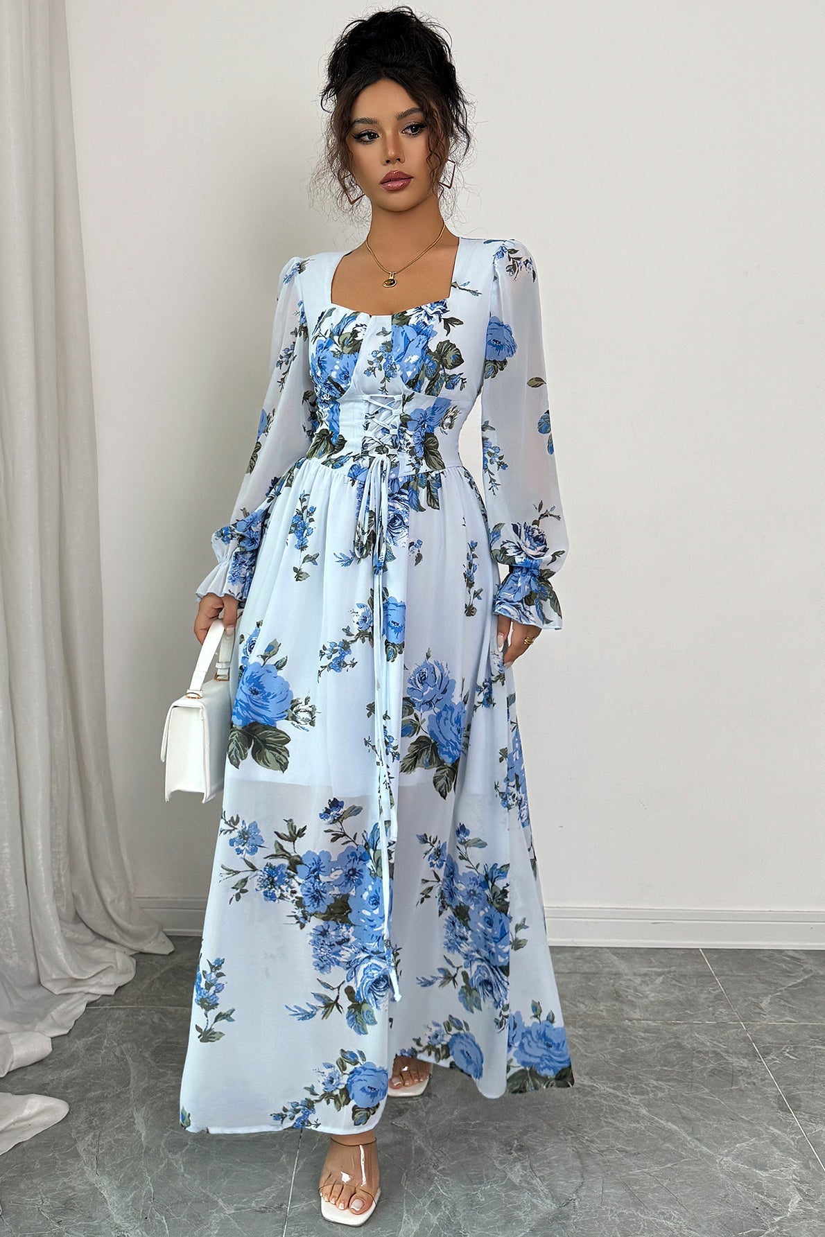 Floral Print Square Neck Puff Sleeve Corset Maxi Dress