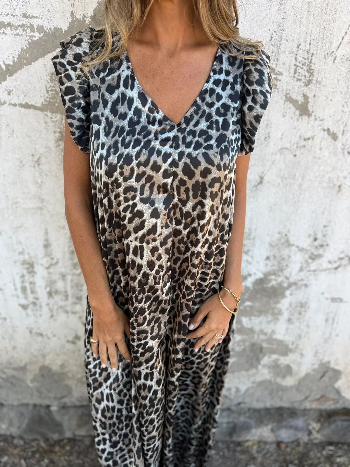 Leopard Print V-Neck Ruffle Sleeve Pocket Maxi Dress 8