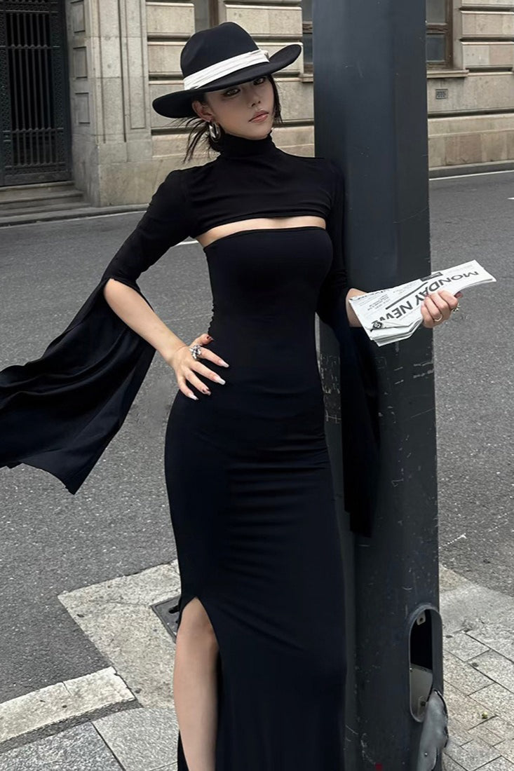 French High-End Solid Slim Asymmetric Long-Sleeve Maxi Dress