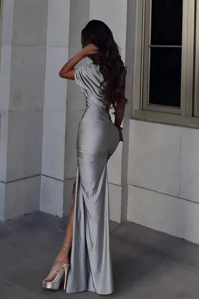 Satin Ruched Cutout One Shoulder Maxi Dress