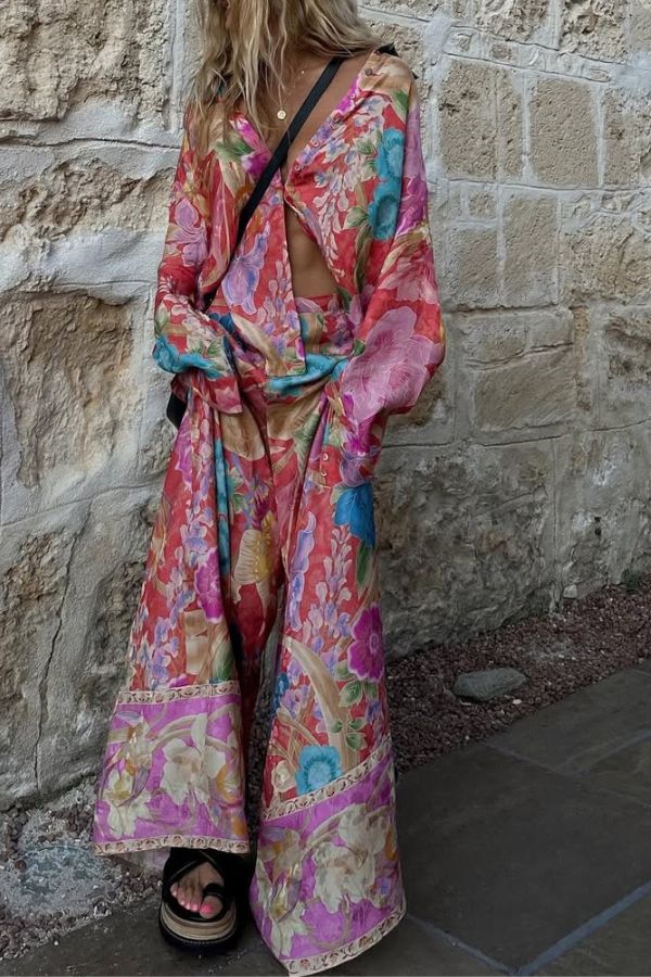 Painter's Garden Boho Floral Print Button Long Sleeve Relaxed Blouse - Fashionpara