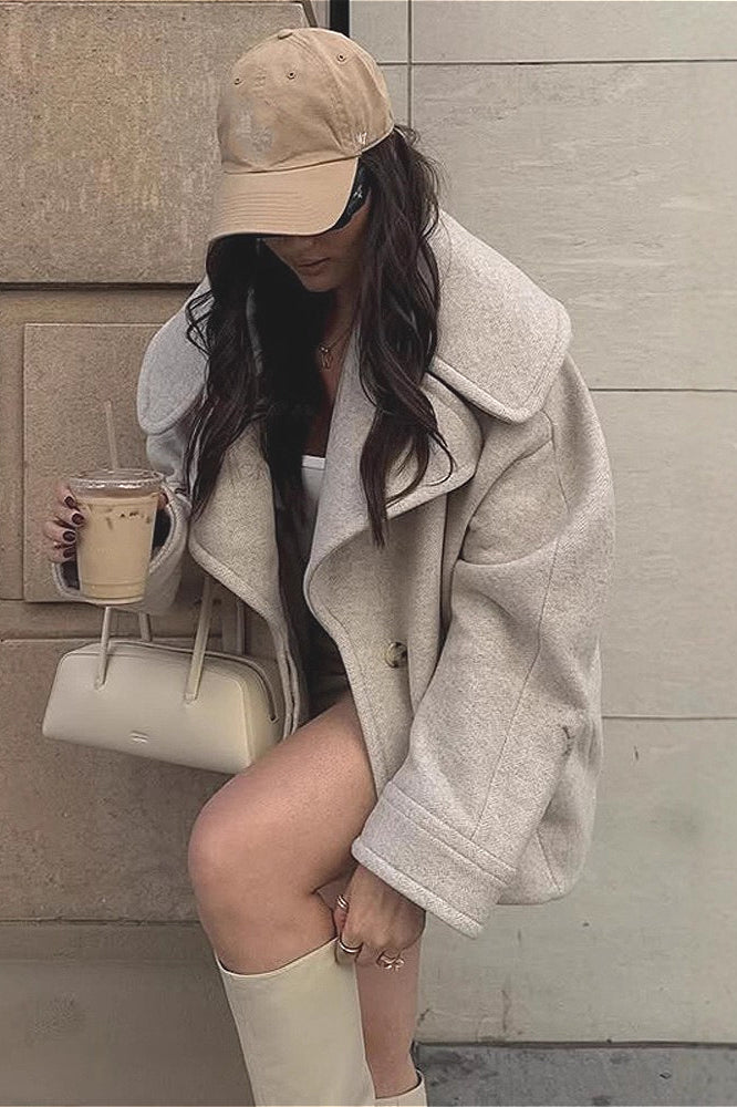 Vintage Solid Collared Long Sleeve Wool Coat