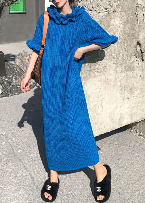 Rib Knit Ruffle Mock Neck Puff Sleeve Oversized Shift Maxi Dress