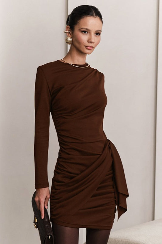 High Neck Long Sleeve Ruched Draped Bodycon Mini Dress - View 6