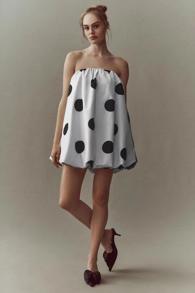 Polka Dot Print Strapless Bubble Hem Mini Dress