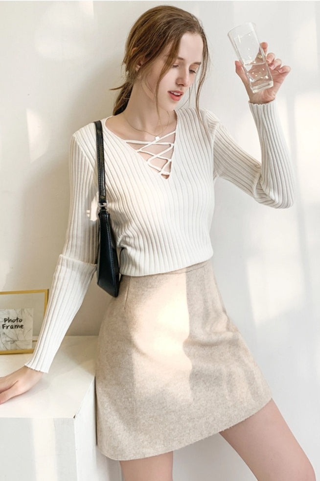 Slim Fit Lace Up V Neck Sweater