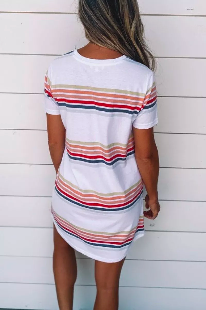 Basic O Neck Striped White Mini Dress  Fashionpara