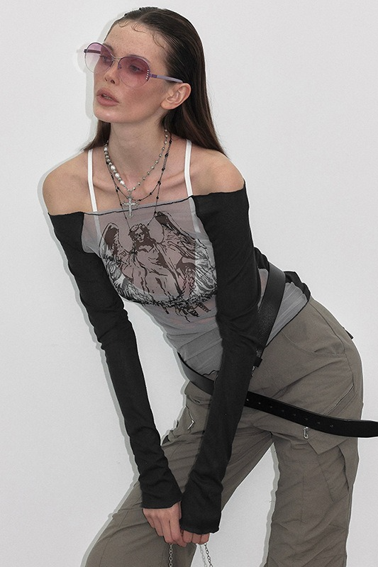 Slim Printed One Shoulder Mesh Knit Sheer Crop Top