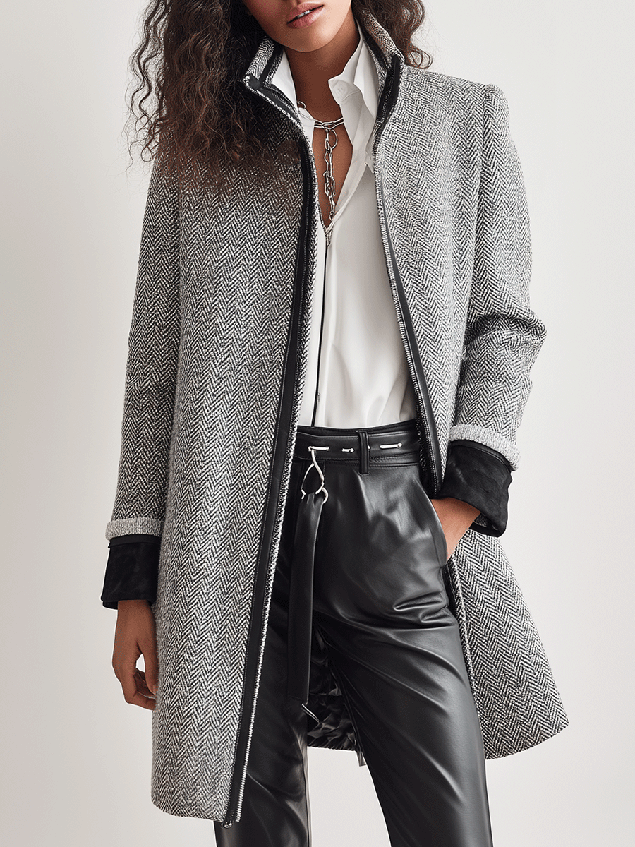 Stylish Grey Herringbone Plaid Winter Minimalist Coat