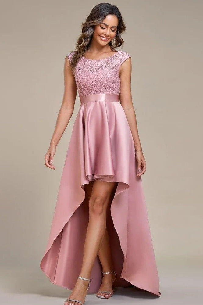 Lace Bodice Cap Sleeve High Low Satin Prom Dress