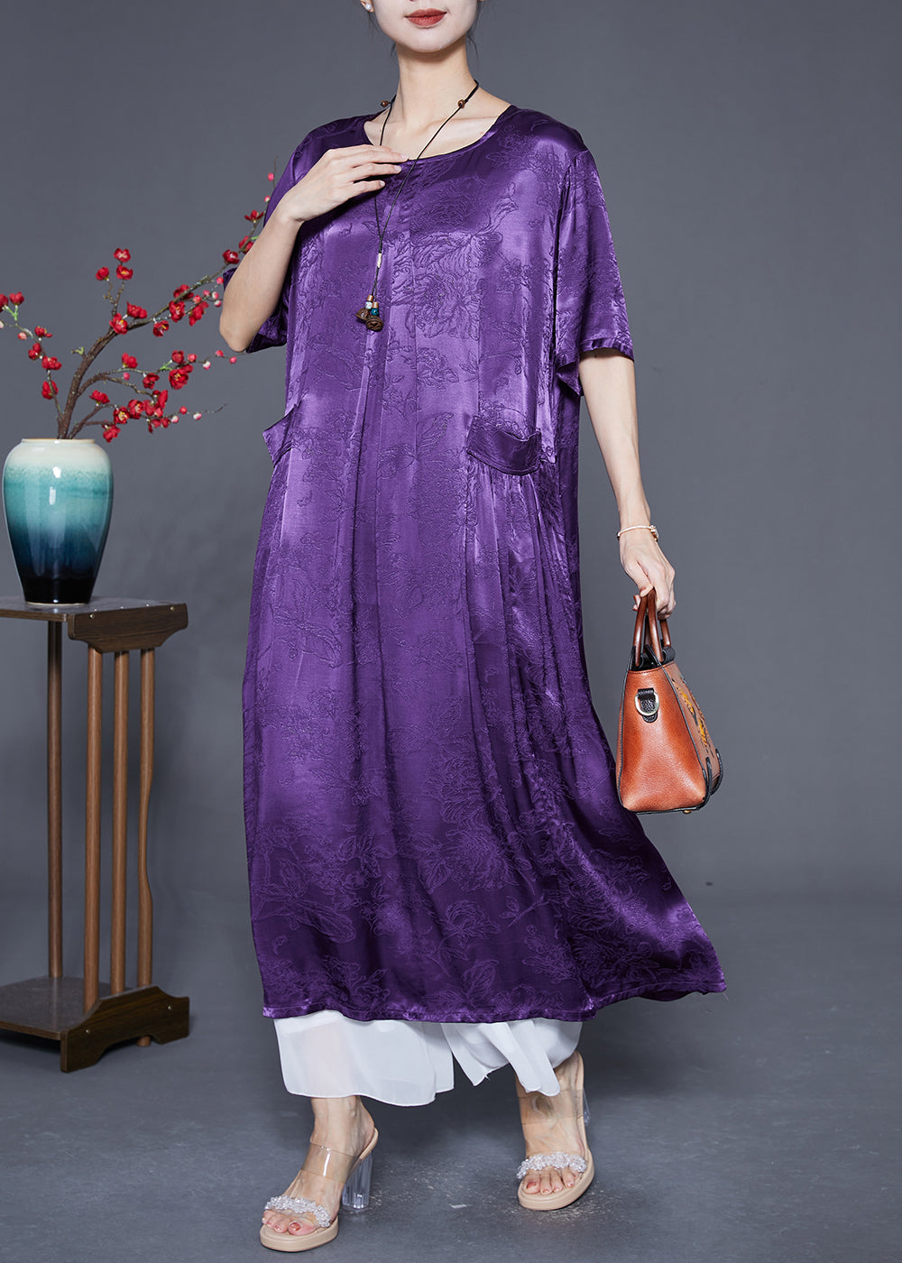 Jacquard Floral Patch Pocket Short Sleeve Round Neck Maxi Dress