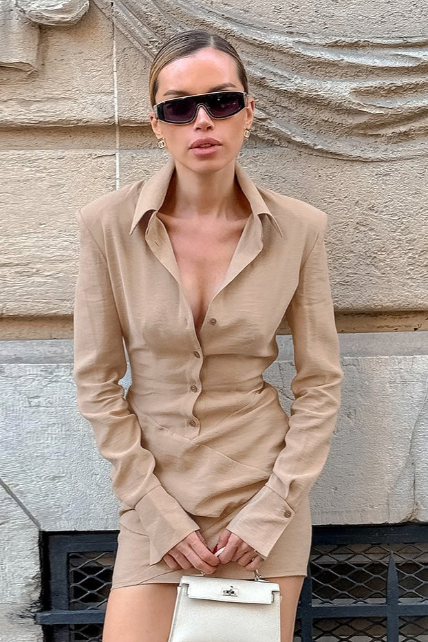 Collared Long Sleeve Button-Front Wrap Shirt Mini Dress 2