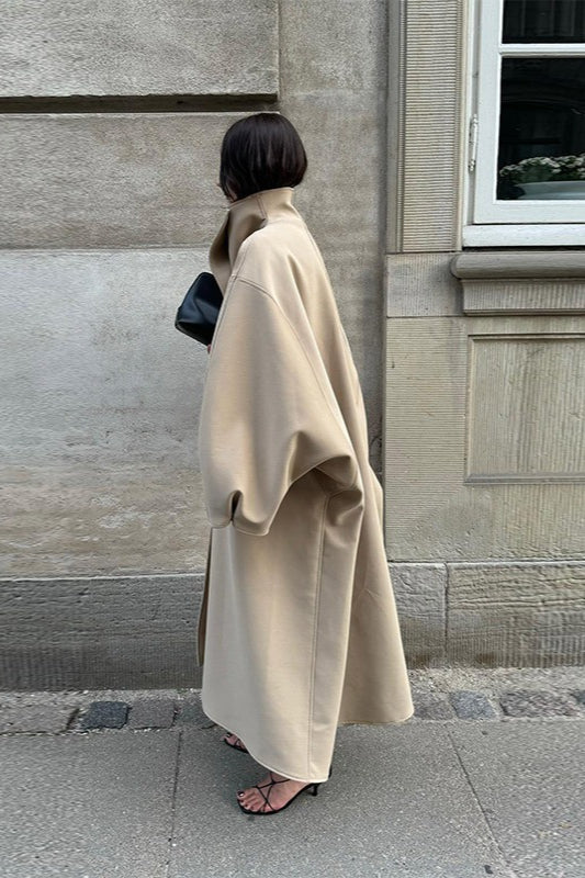 Stand Collar Batwing Sleeve Longline Loose Wool Overcoat