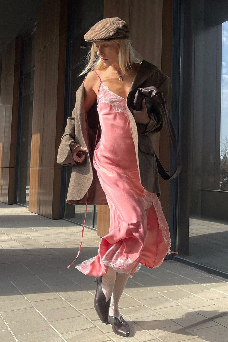 Satin V-Neck Lace Trim Slip Maxi Dress