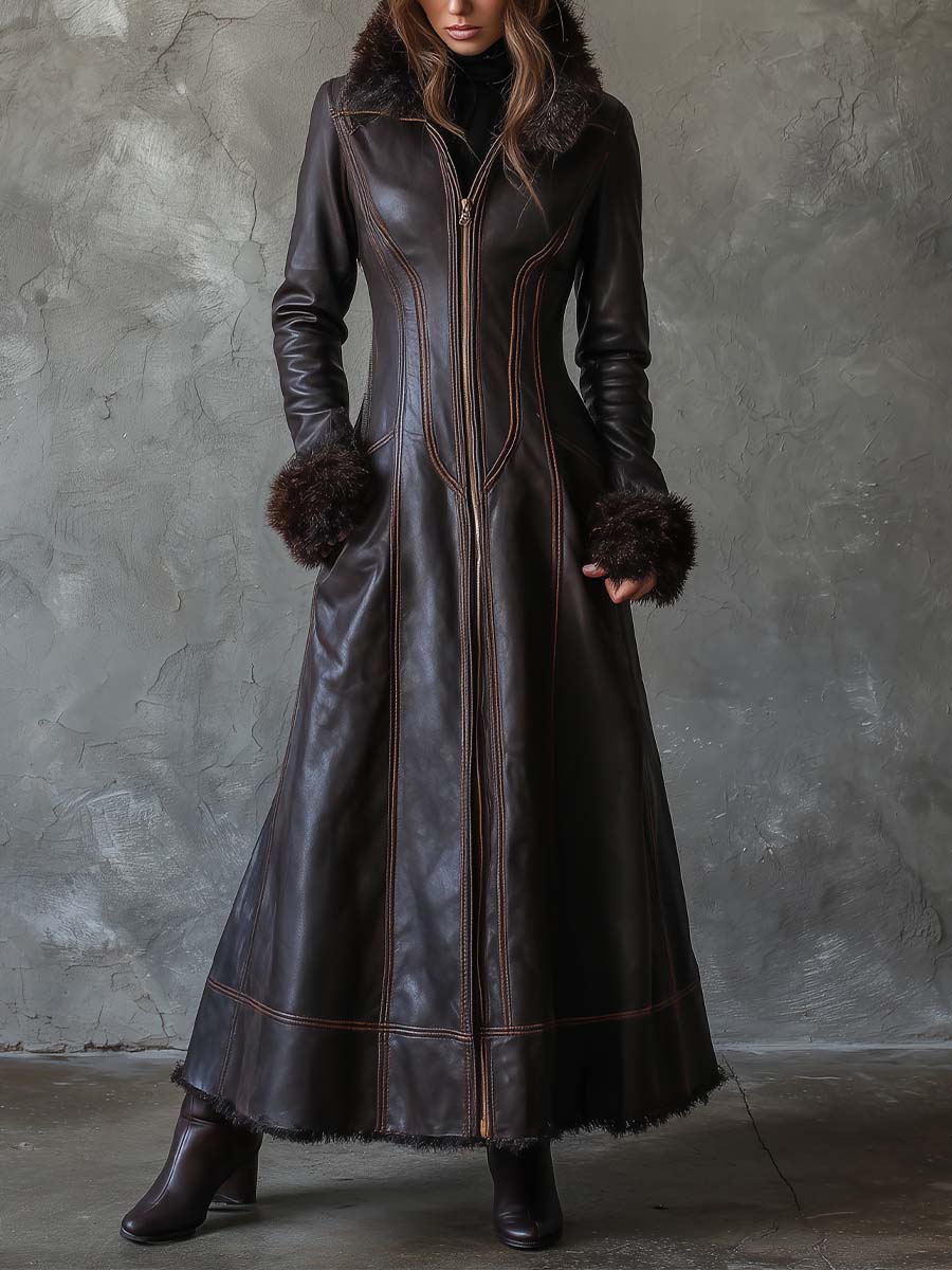 Vintage Brown Eco-Leather Maxi Coat With Fur Trim – Quiet Luxury Toscana Edition