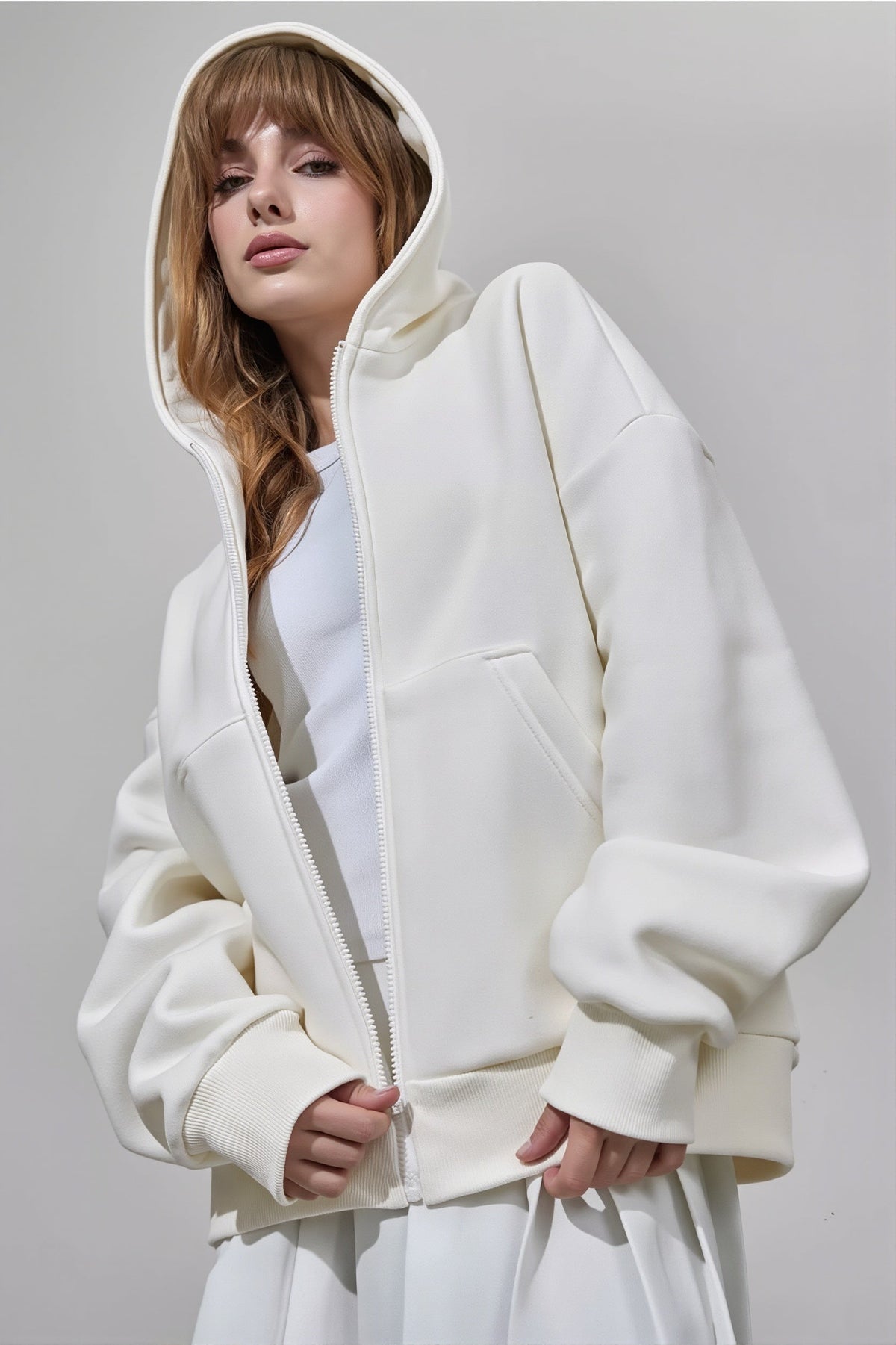 Solid Oversized Zip Up Hoodie